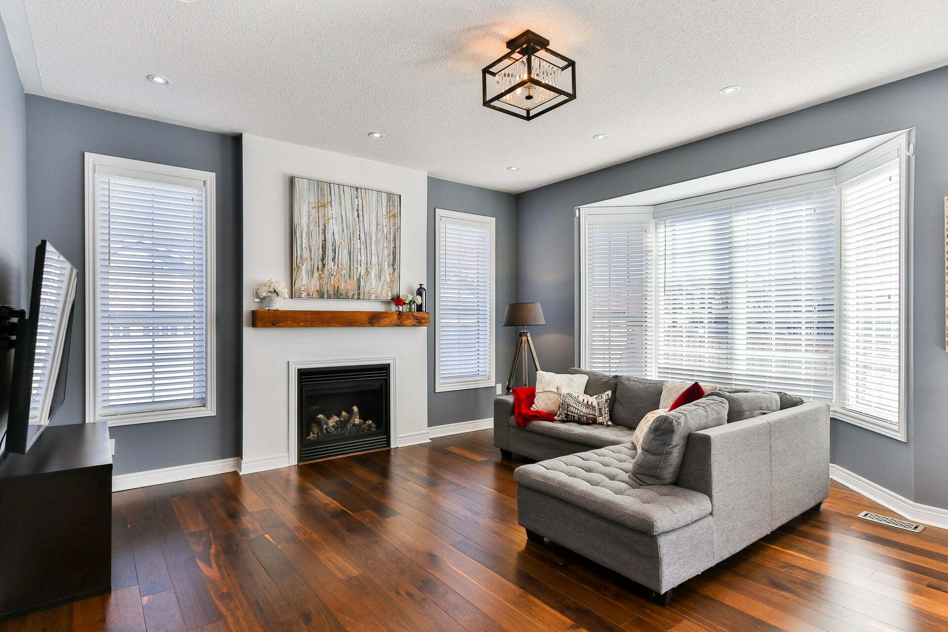 a living room with a fireplace