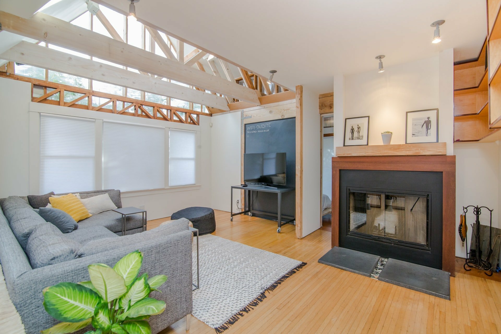 a living room with a fireplace