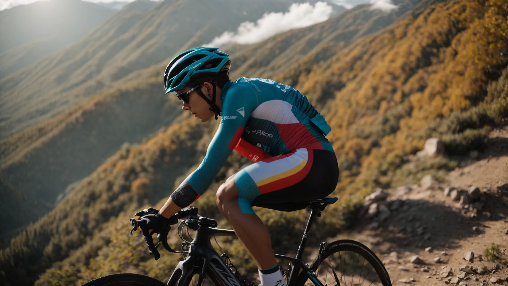 a professional cyclist drinking from a water bottle while riding on a sunny mountain trail.
