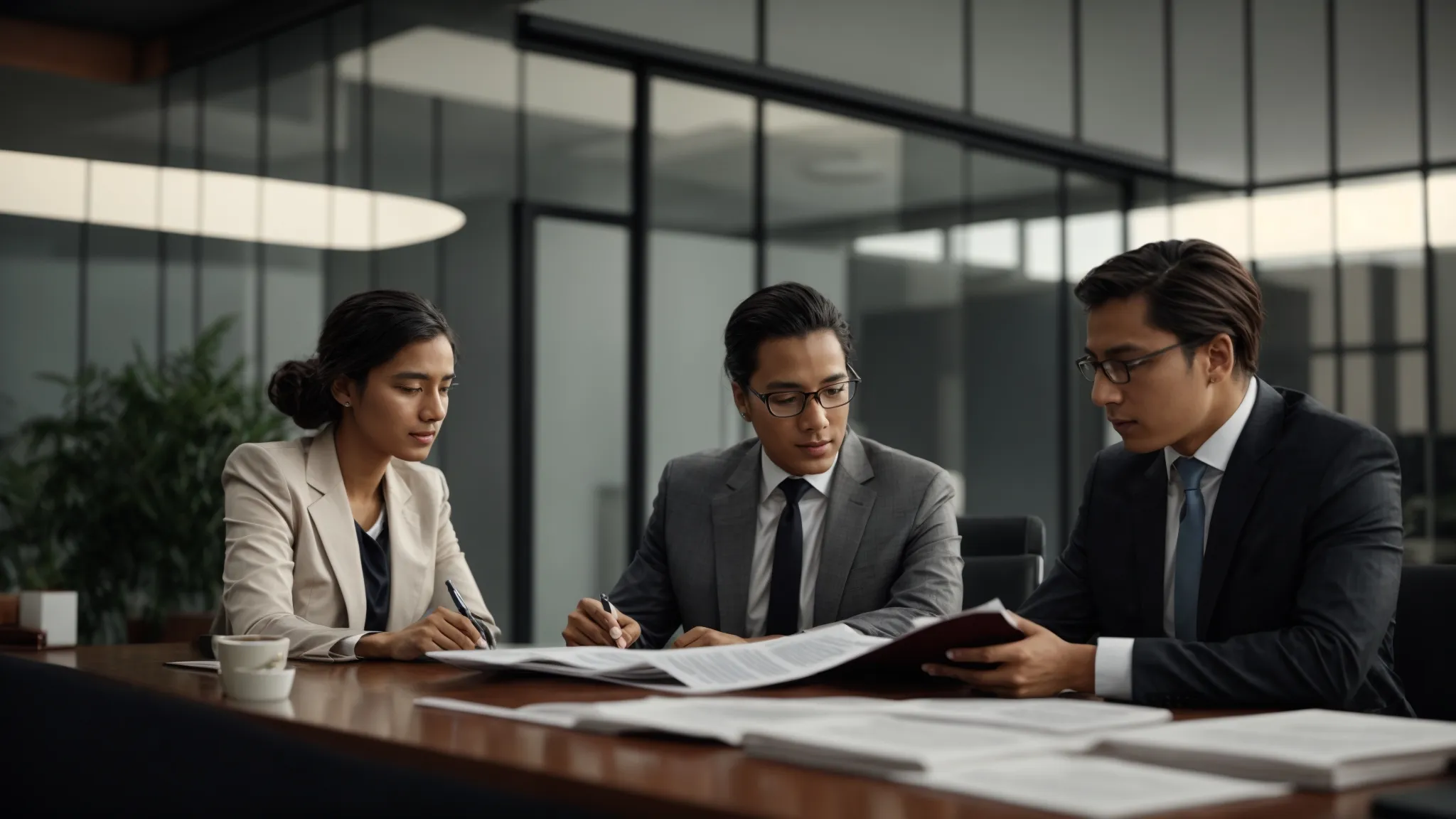 two individuals in a formal setting, discussing documents with a confident lawyer guiding them in a modern office.