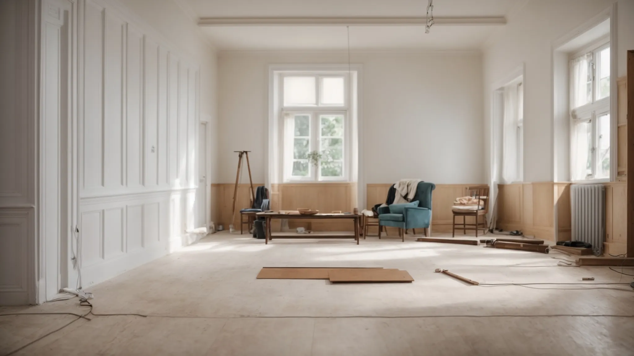 a spacious, unfurnished room being measured by a professional with a digital tablet, showing the before and after stages of a renovation process.