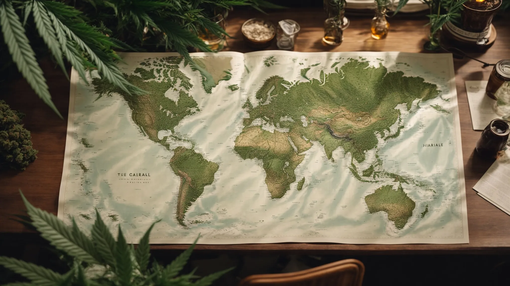 a map dotted with cannabis leaf icons spreads across a table in a well-lit room.