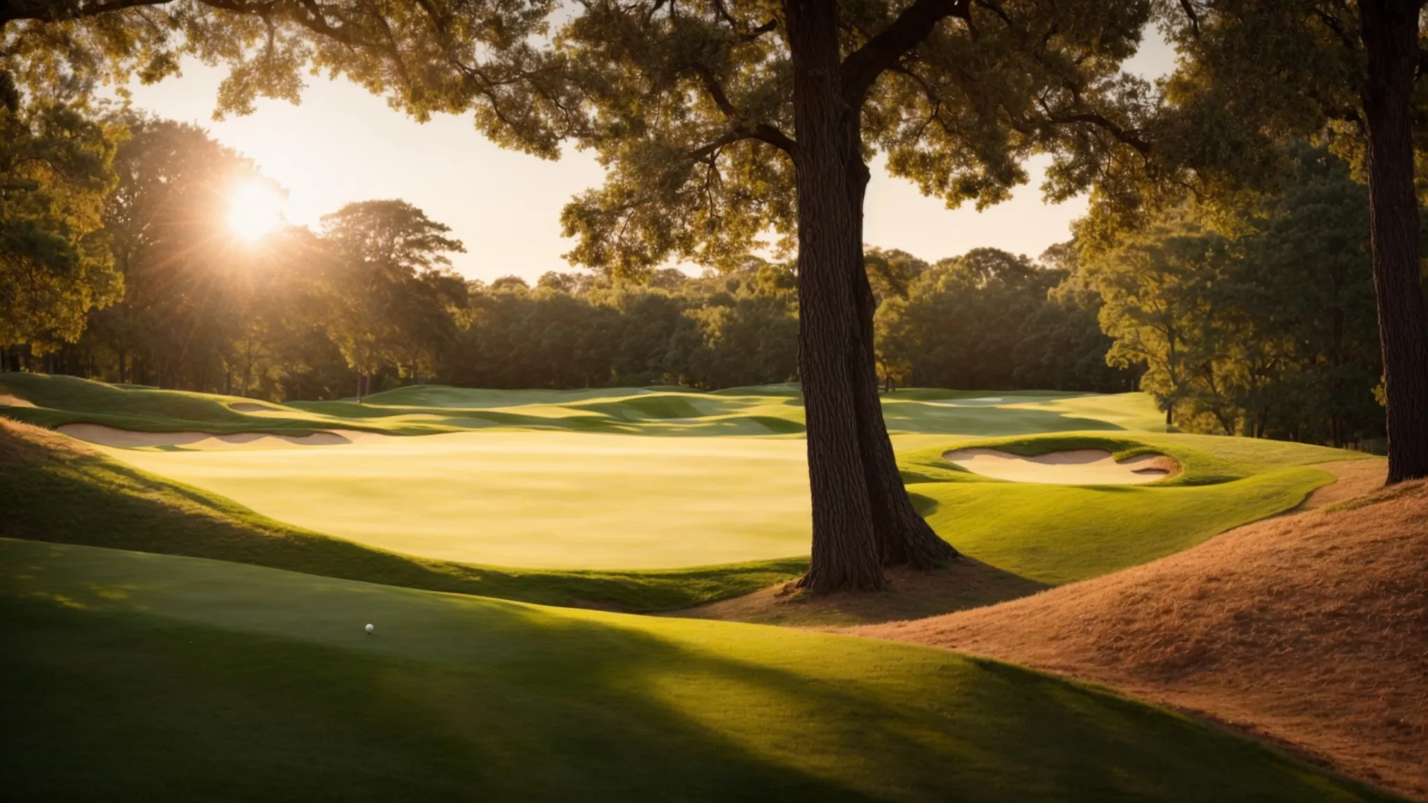 a lush, perfectly manicured golf course basking in the gentle sunlight, surrounded by serene trees.