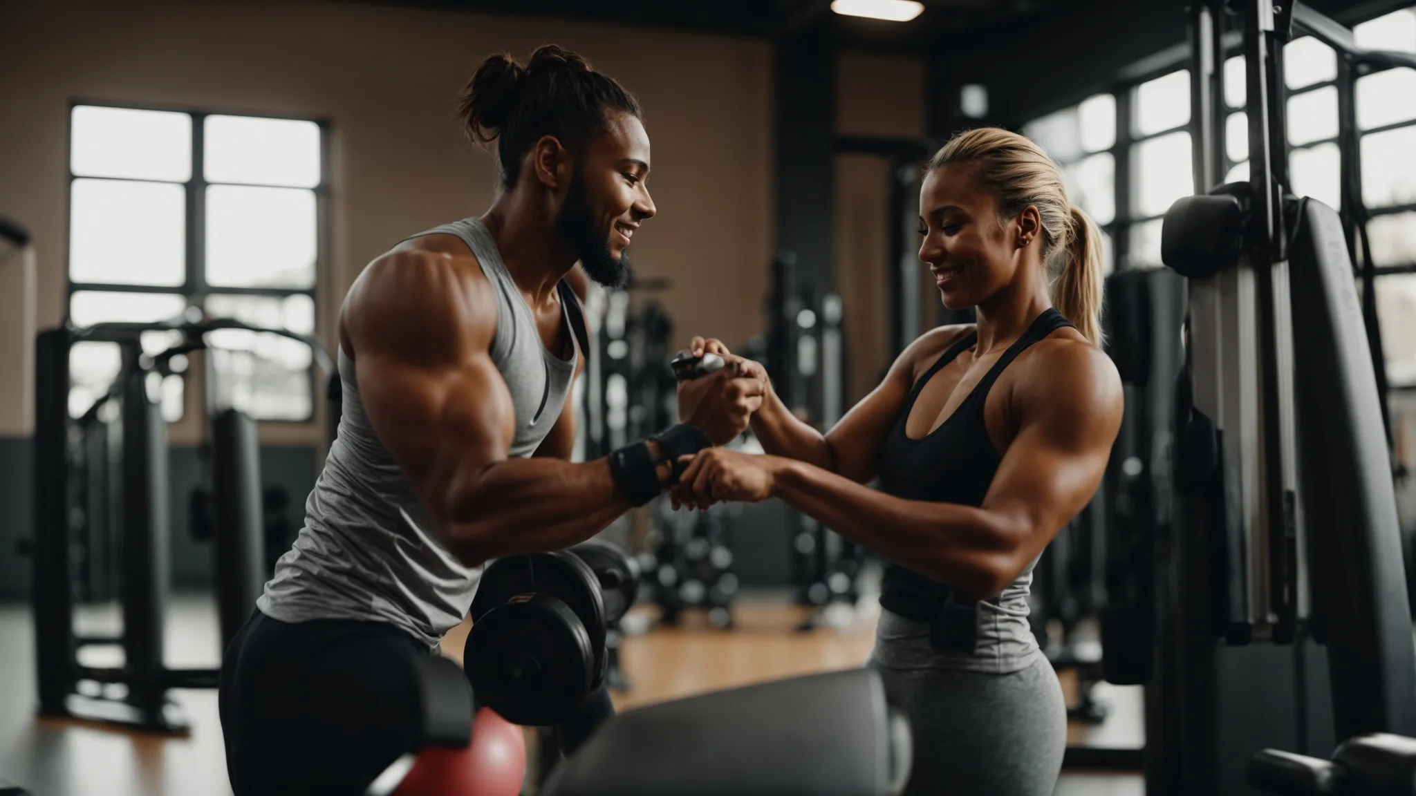 a personal trainer and a client high-fiving in a gym after a successful workout session.