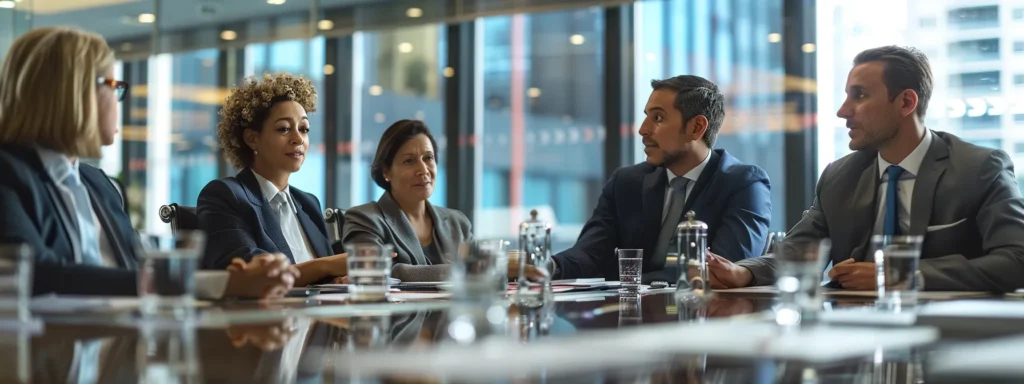a group of professionals in a boardroom discussing the balance between convenience and health in prepared meal options from roundhouse provisions.