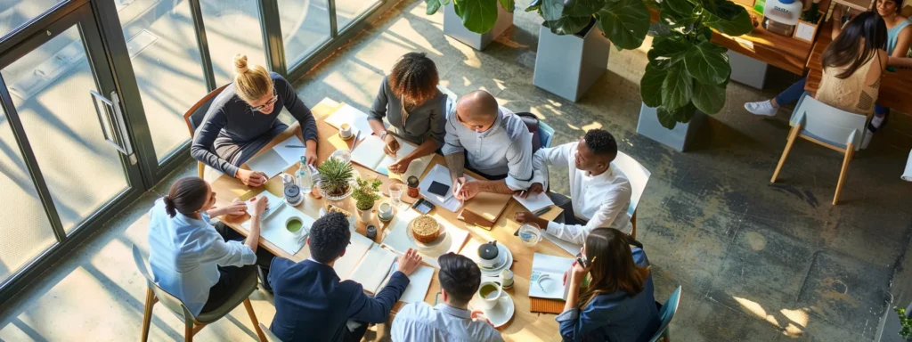business professionals gathered around a table, discussing the benefits of natural energy boosters such as matcha, ginseng, and maca root for their morning routine.