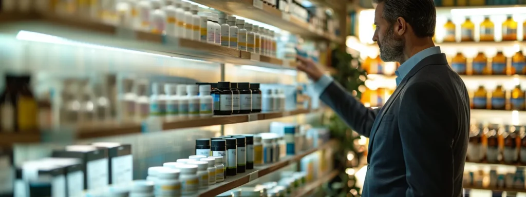 a business professional carefully selecting high-quality supplements from gundry md's anchor display.