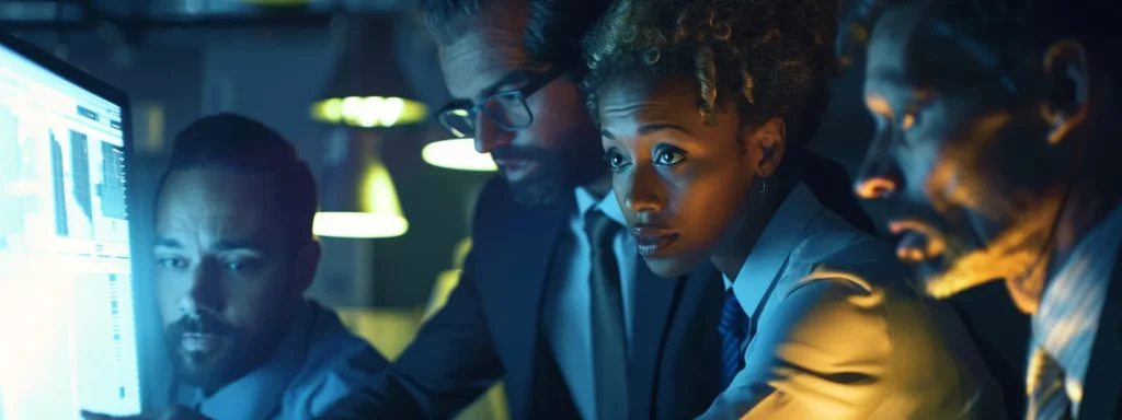 a group of business professionals discuss the benefits of a thermal scope while examining the lens and adjusting the calibration settings.