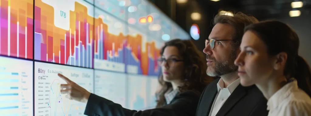 a group of business professionals analyzing data on a screen showing the impact of supplements on digestive health over time.