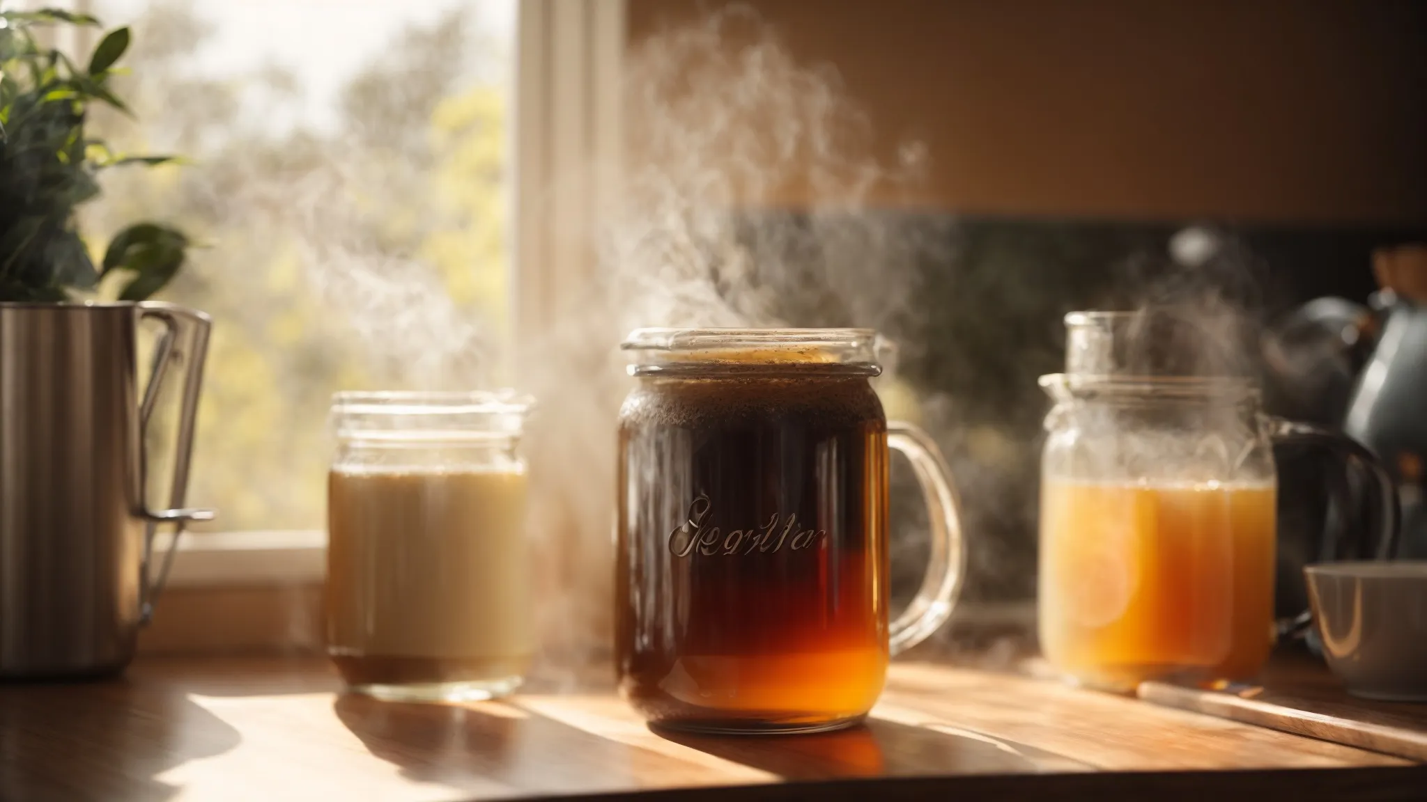 a steaming mug of tea sits on a sunny kitchen counter next to a jar of activated you's morning complete.