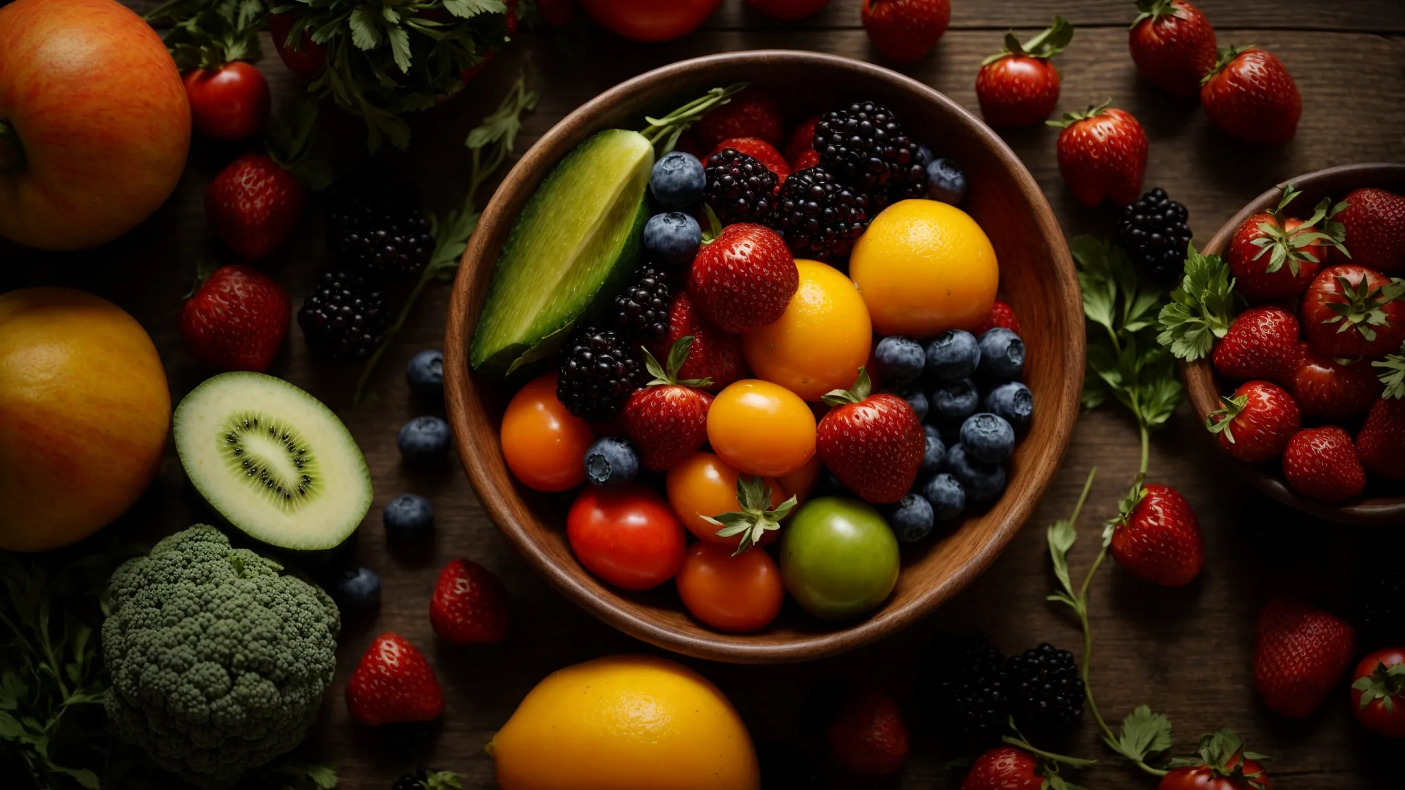 a bowl of vibrant, mixed fruits and vegetables sits atop a rustic wooden table, symbolizing a healthy, gut-supporting diet.