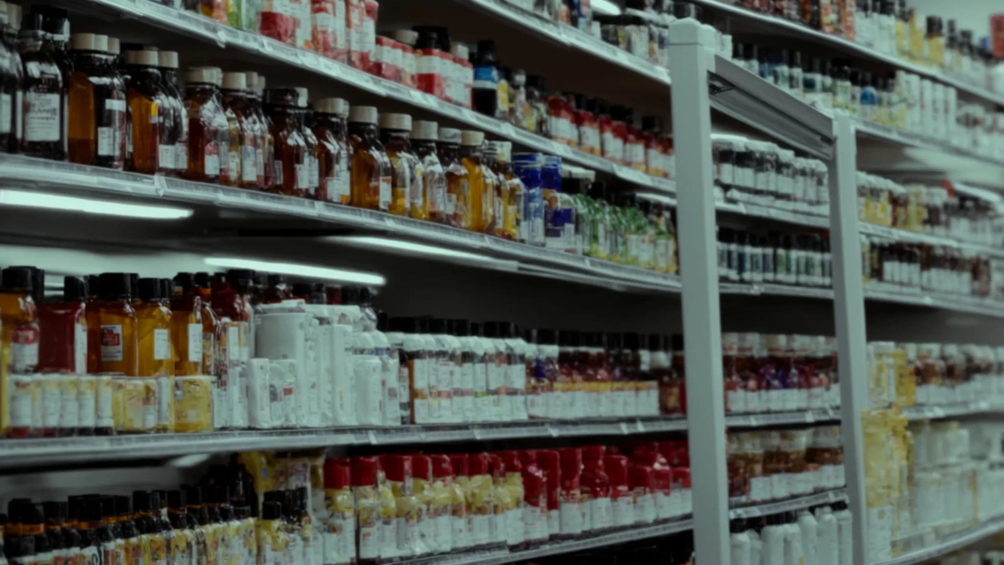 a person browsing a shelf full of various supplement bottles in a health store.