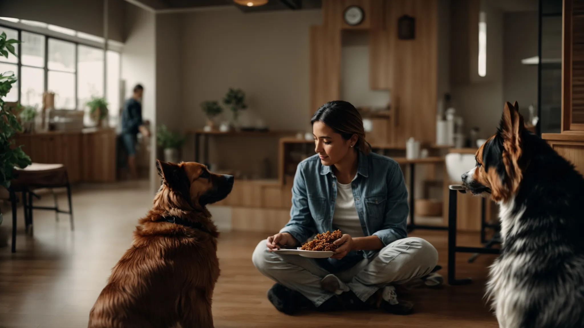 a concerned pet owner converses with a veterinarian while their dog sits close by, indicating the discussion on the pet's nutritional needs.