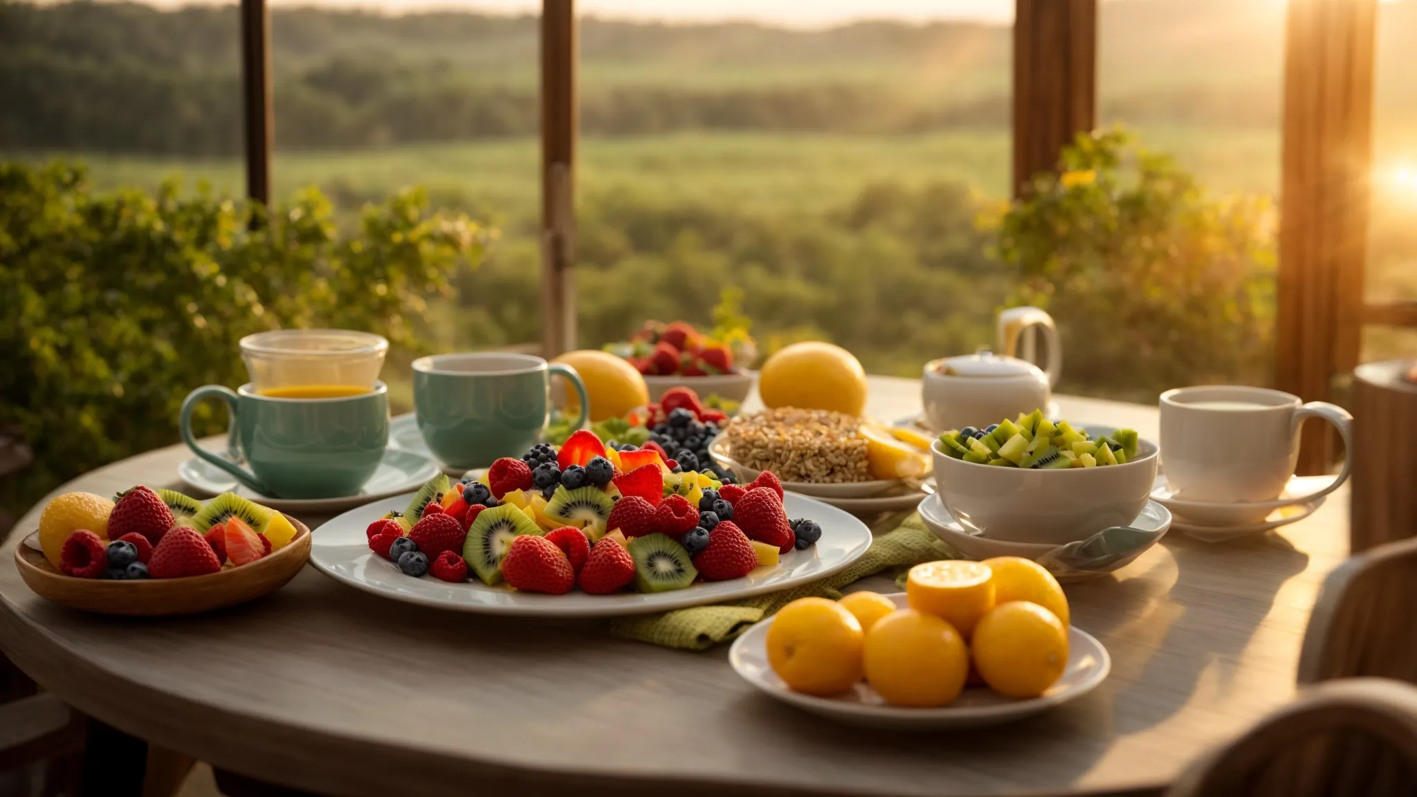 a breakfast table at sunrise, laden with a colorful array of fresh fruits, whole grains, and a steaming mug of green tea.