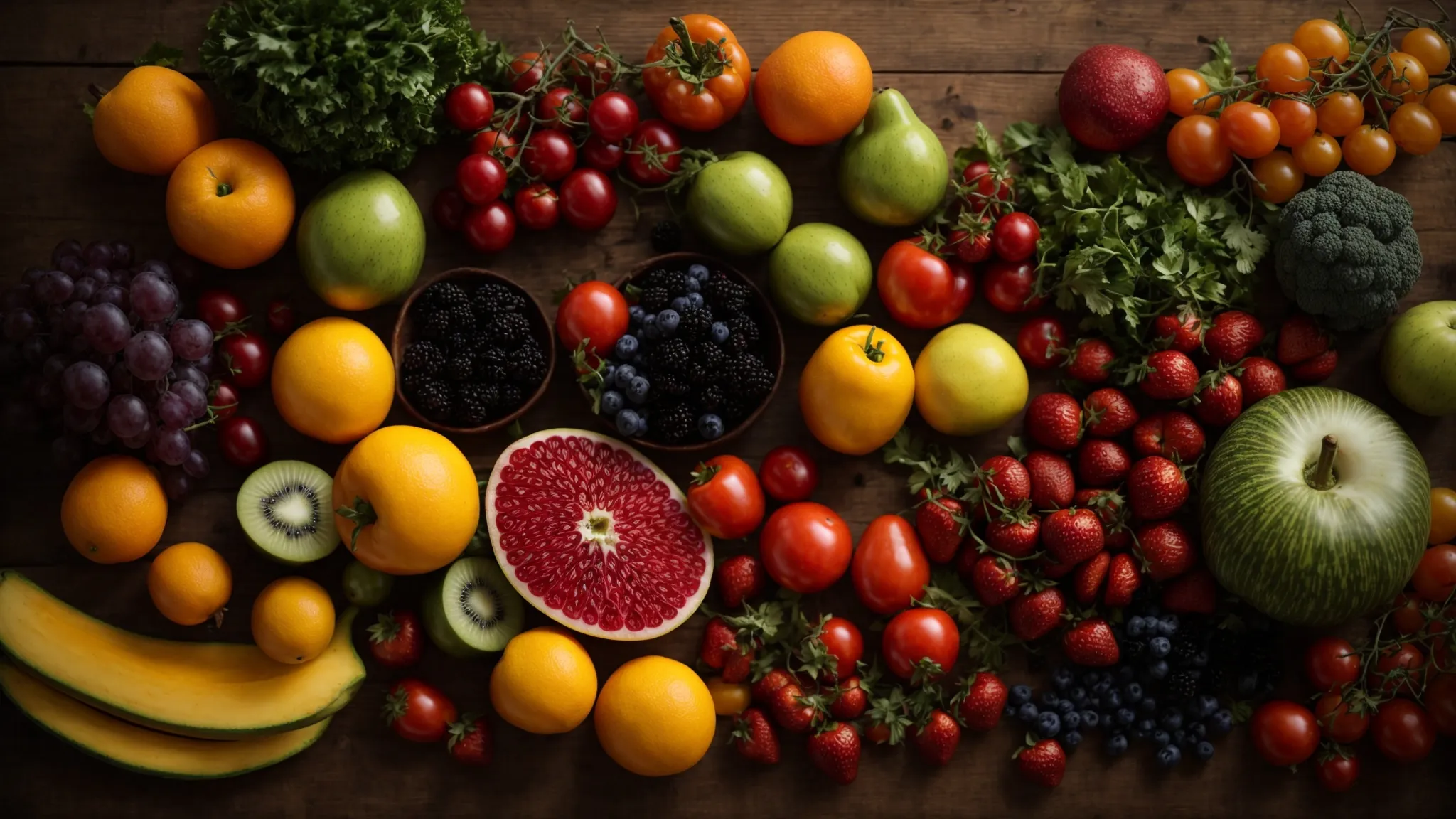 a selection of colorful fruits and vegetables laid out on a wooden table, suggesting the ingredients of healthy roundhouse provisions.
