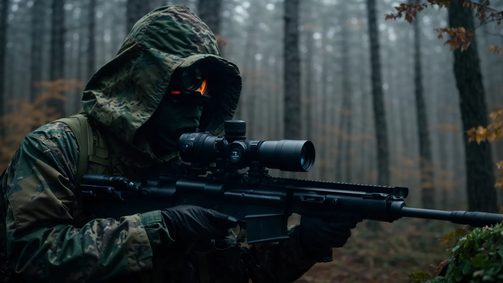 a hunter, cloaked in a camouflage jacket, peers through a thermal scope mounted on his rifle, scanning a foggy forest at dusk.