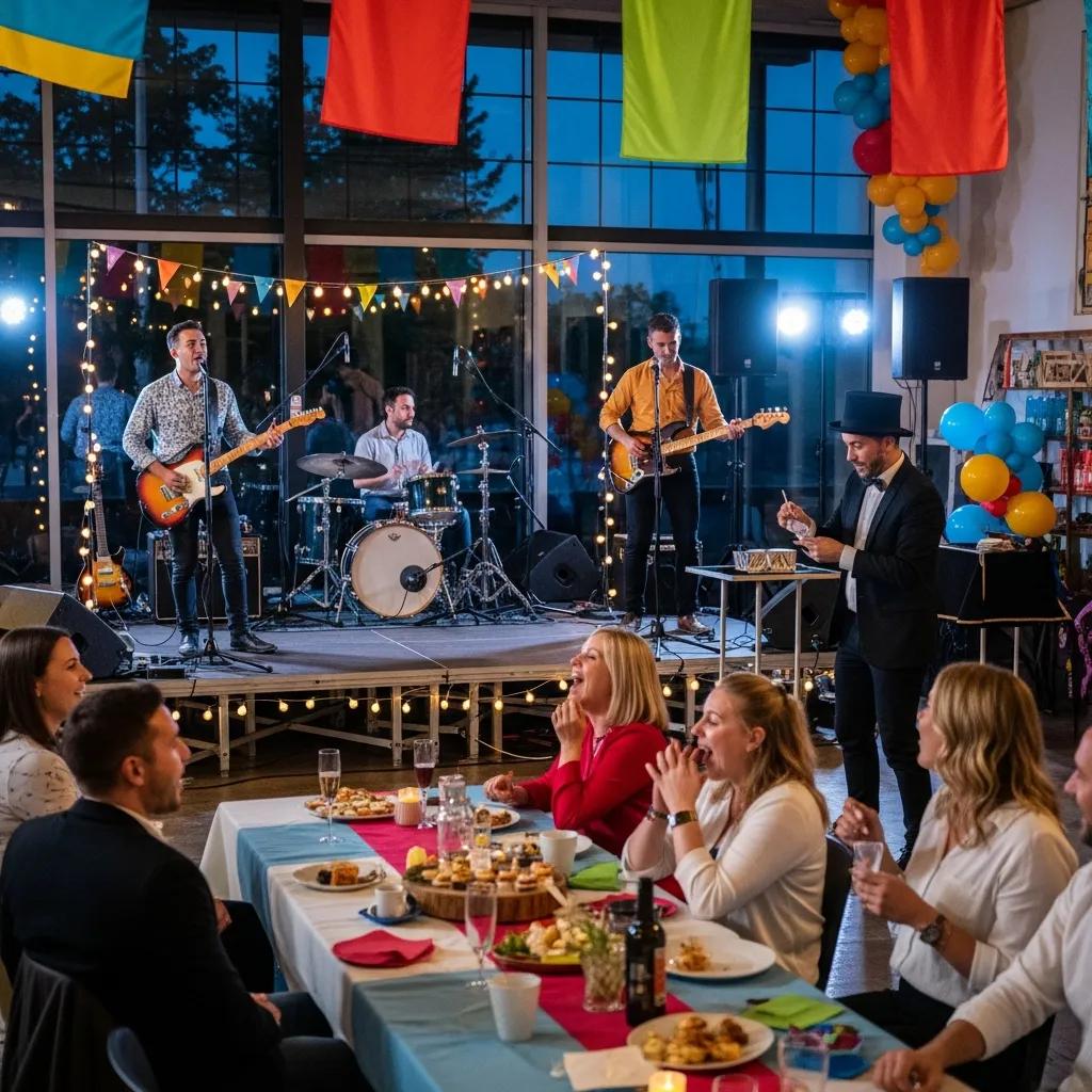 Vibrant event scene showcasing diverse entertainment options like musicians and magicians