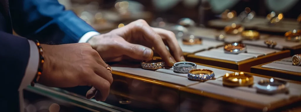 a man trying on different men's wedding rings displayed on a counter.