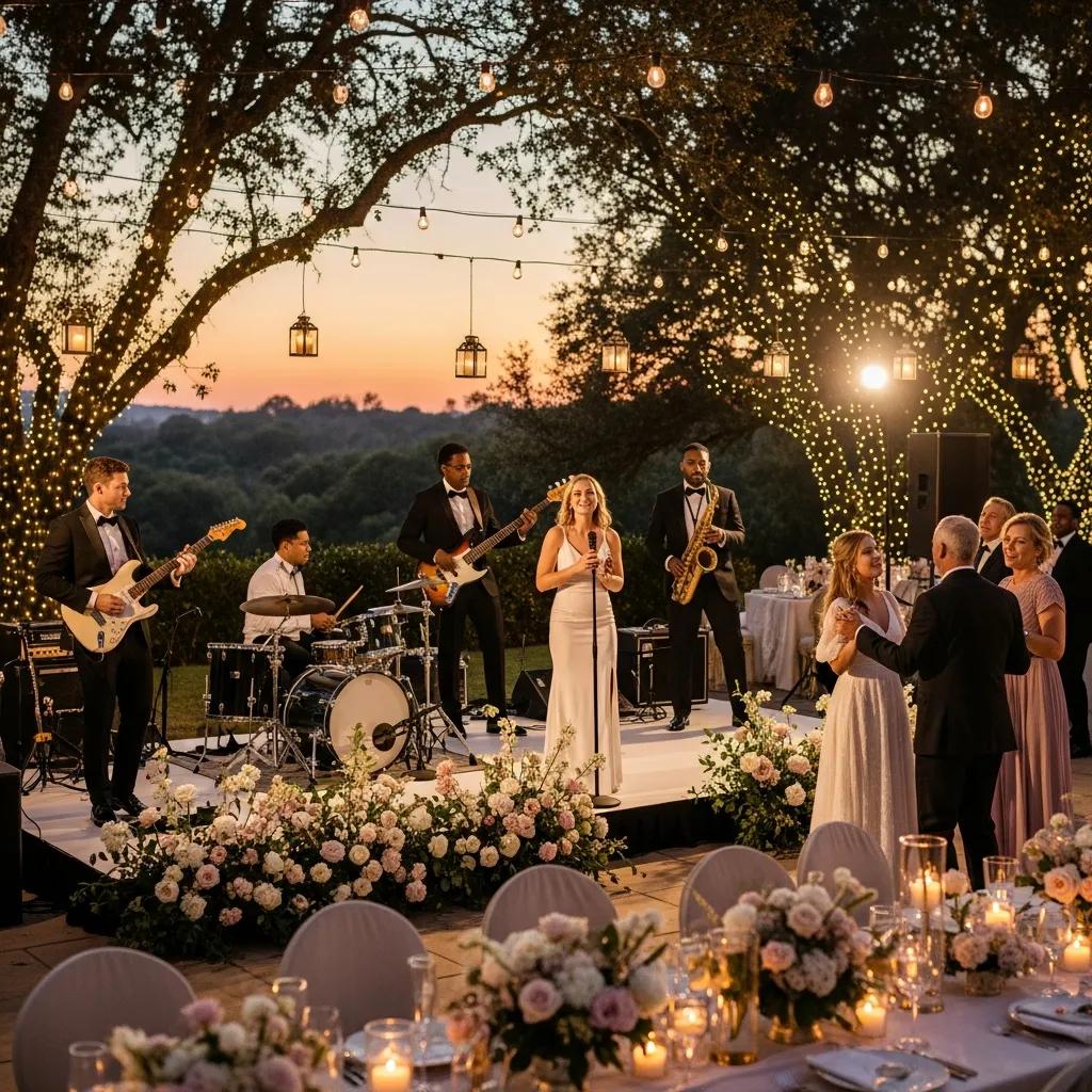 Luxury wedding band performing at an elegant outdoor wedding, enhancing the atmosphere
