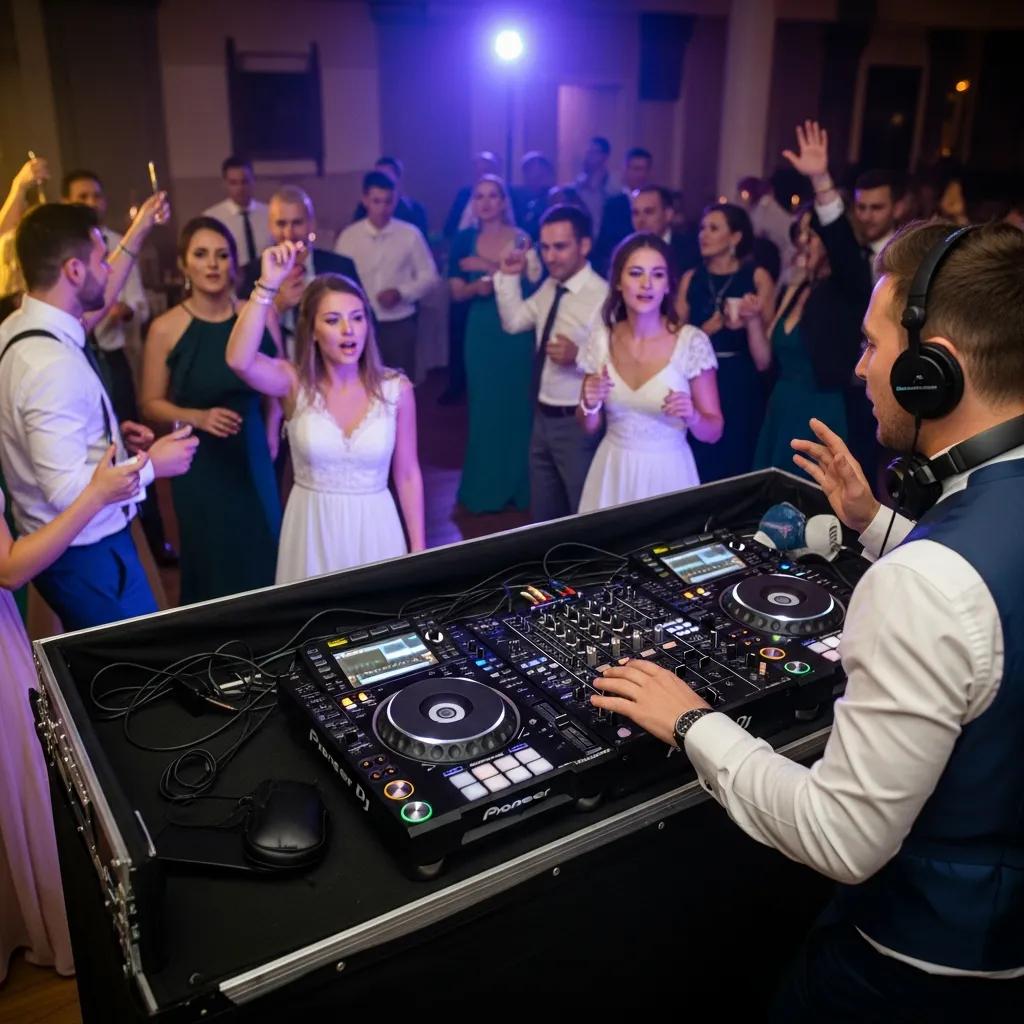 Modern wedding DJ engaging guests at a lively reception, showcasing current trends